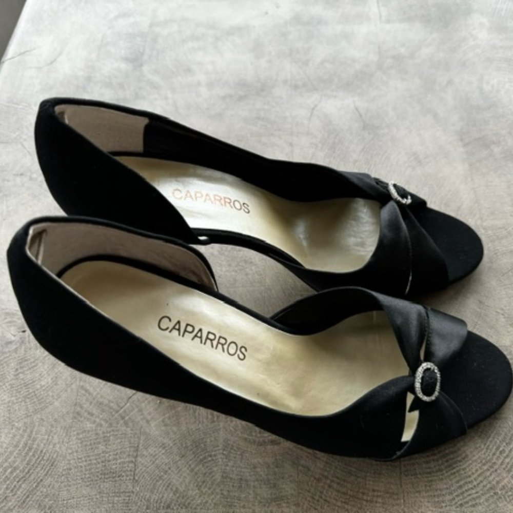 Caparros Shoes Adult Size 7 Black Satin De Orsay Peep-Toe Buckle Womens